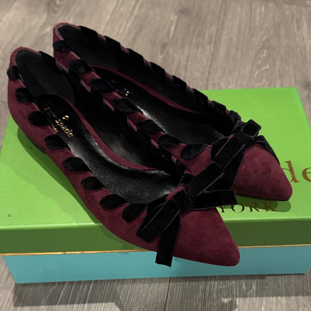 Kate Spade Suede Bow Pointed Toe Flats - Burgundy